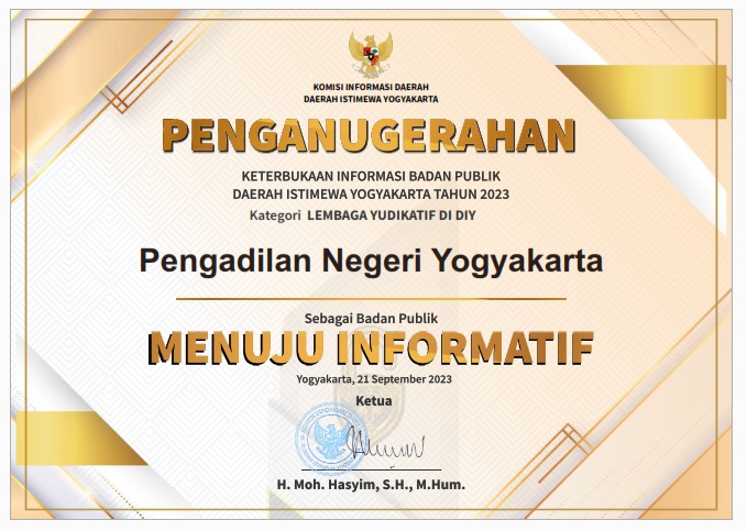 Penghargaan Keterbukaan Informasi Publik Pengadilan Negeri Yogyakarta